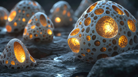 This captivating image features bioluminescent structures resting on a rocky surface, creating a magical and surreal atmosphere. The intricate details capture a perfect blend of nature and creativity.の素材