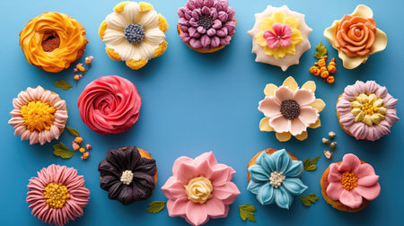 This vibrant arrangement showcases beautifully decorated cupcakes adorned with colorful buttercream flowers, perfect for celebrations or special occasions.の素材