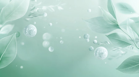 Explore a soft green background featuring delicate leaves and bubbles, perfect for conveying tranquility and freshness in various design projects.の素材