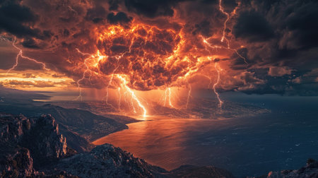A breathtaking view of a powerful lightning storm illuminating the ocean and mountains at sunset, showcasing the beauty and drama of nature's forces.の素材