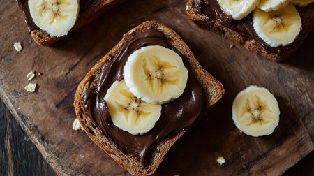 A tempting slice of toast topped with rich chocolate spread and fresh banana slices, perfect for breakfast or a satisfying snack on a rustic wooden table.の素材