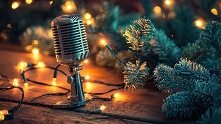 A vintage microphone set against a backdrop of Christmas lights and pine branches, creating a warm and festive atmosphere for holiday music and celebrations.の素材