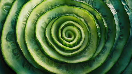 A vibrant close-up of fresh cucumber slices arranged in a dynamic spiral showcases the natural beauty and texture of healthy vegetables, perfect for culinary presentations.の素材