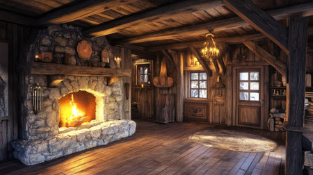 Explore a cozy rustic interior featuring a stone fireplace and wooden elements. This warm and inviting space highlights natural beauty and charm.の素材