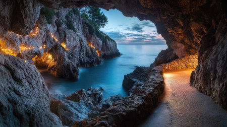 A captivating view from inside a coastal cave at dusk, showcasing tranquil waters and illuminated rocks. Perfect for travel or nature themes.の素材