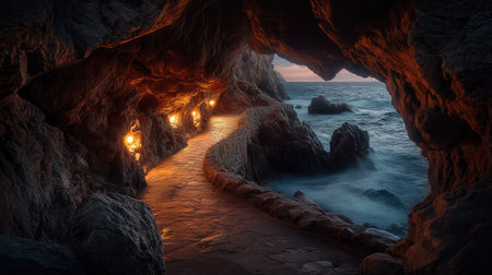 A tranquil coastal cave scene featuring a pathway illuminated by lanterns, leading to the ocean. The serene atmosphere captures the beauty of dusk.の素材