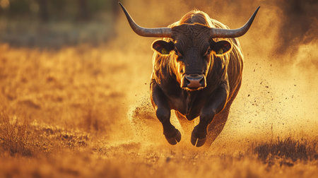 A powerful bull charges through a sunlit field, kicking up dust as it runs. The golden hour light enhances the vibrant colors, embodying strength and vitality.の素材