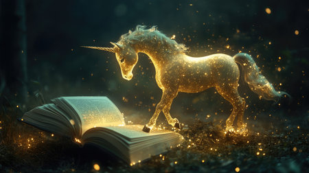 A captivating scene featuring a magical unicorn surrounded by sparkles, exploring an open spellbook in a mystical forest at night, evoking wonder and imagination.の素材