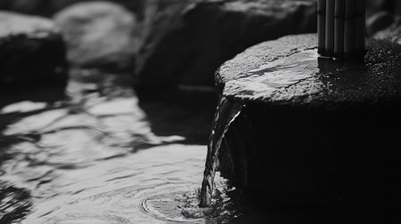 This black and white image captures the gentle flow of water from a stone fountain, creating a serene atmosphere perfect for relaxation and meditation.の素材