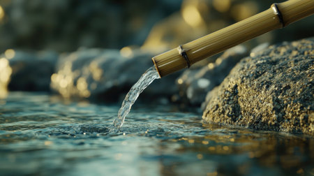 Enjoy the serene beauty of water flowing from a bamboo spout into a rocky stream, illuminated by soft sunlight, creating a peaceful natural scene.の素材