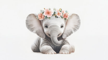 This charming image features a baby elephant adorned with a beautiful floral crown, radiating cuteness and innocence on a clean white background.の素材