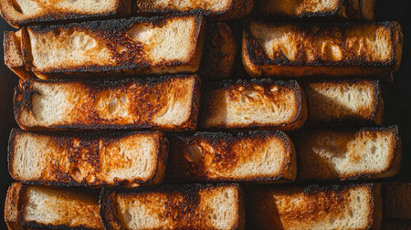 A vibrant image of stacked toasted bread slices, showcasing a mix of golden and dark edges, perfect for illustrating breakfast, snacks, or culinary culture.の素材