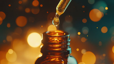 A close-up image featuring a glass dropper bottle with an oil droplet poised to fall. The vibrant bokeh background creates an artistic and captivating effect.の素材