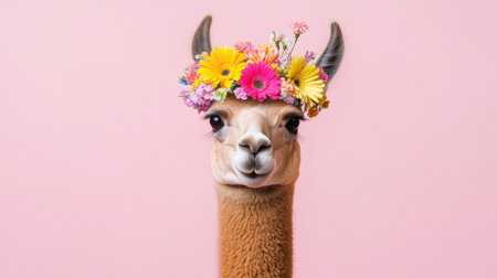 A charming llama adorned with a vibrant flower crown against a soft pink background. This delightful portrait captures joy and whimsy, perfect for playful designs.の素材