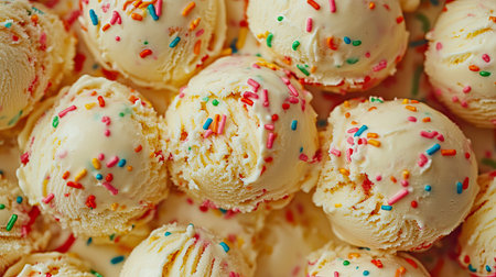 Close-up of colorful ice cream scoops topped with vibrant sprinkles, perfect for capturing the joy of summer and celebration. A delightful treat for all ages.の素材