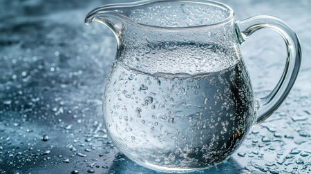 A clear glass jug filled with water sits on a glossy surface, showcasing droplets and reflections. This image embodies purity, simplicity, and refreshing elegance.の素材