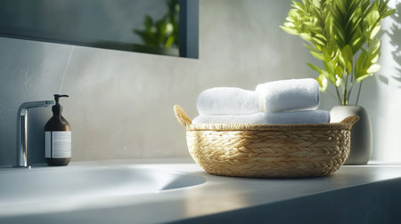 A serene bathroom scene featuring neatly rolled towels in a woven basket, complemented by a small plant and gentle lighting for a calming ambiance.の素材