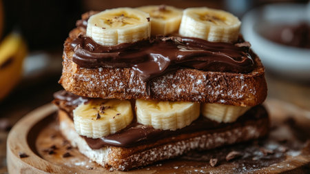 This beautifully arranged toast features creamy chocolate spread and fresh banana slices, perfect for a delicious breakfast or a sweet snack indulgence.の素材