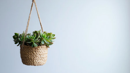 A charming hanging succulent planter with vibrant green leaves in a natural basket. Perfect for home decor and adding a touch of tranquility to any space.の素材