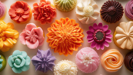 A stunning array of floral cupcake toppers showcasing vibrant colors and intricate designs, perfect for enhancing party treats and special celebrations.の素材
