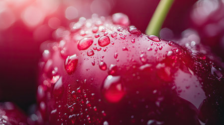 Close-up of fresh red cherries glistening with water drops, showcasing a vibrant texture on a dark background. Perfect for food photography and healthy lifestyle themes.の素材