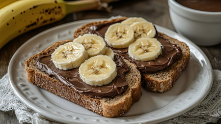 Indulge in a delightful treat with whole wheat bread topped with creamy chocolate spread and fresh banana slices. Perfect for breakfast or a snack!の素材