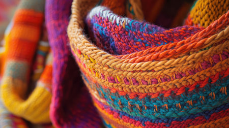 Close-up of a vibrant knit scarf showcasing intricate patterns and rich colors. This cozy accessory embodies warmth and style, perfect for any season.の素材