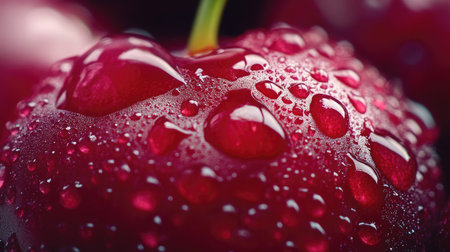 A close-up view of a fresh cherry featuring glistening water drops on its surface, highlighting the fruit's rich color and texture against a dark background.の素材