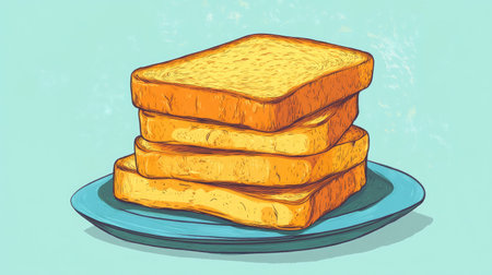 A stack of perfectly toasted bread slices rests on a blue plate, creating a warm and inviting atmosphere. Ideal for breakfast or snack imagery.の素材