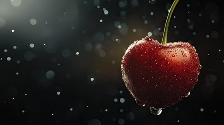 Stunning close-up of a fresh cherry surrounded by shimmering water droplets against a dark background, highlighting its vibrant color and juicy texture.の素材