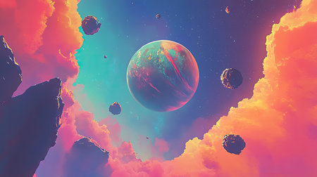 A stunning cosmic landscape featuring a vibrant planet amidst colorful clouds and floating asteroids, creating a surreal space scene full of imagination and beauty.の素材