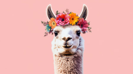 A charming portrait of a llama adorned with a vibrant floral crown. Set against a soft pink background, this whimsical image captures playful energy and joy.の素材