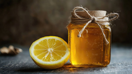 A vibrant lemon slice next to a jar of honey, showcasing natural ingredients on a rustic background, perfect for healthy lifestyle and food photography.の素材