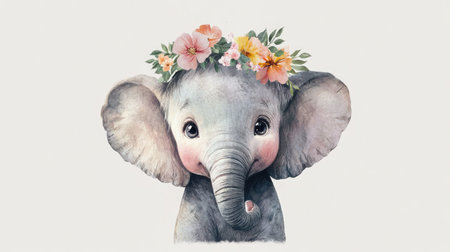 This charming illustration features an adorable baby elephant adorned with a beautiful flower crown. Perfect for children's decor, animal-themed artwork, and joyful designs.の素材