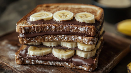 A tempting stack of Nutella toast layered with fresh banana slices, dusted with powdered sugar, perfect for brunch or a sweet snack. Ideal for food lovers!の素材