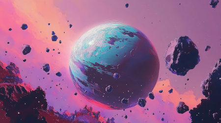 This stunning digital artwork features a vibrant cosmic landscape with a colorful planet and floating asteroids, creating a surreal celestial scene filled with wonder and imagination.の素材