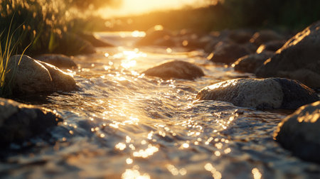 A serene view of a gentle stream flowing over smooth rocks, illuminated by the warm glow of the setting sun. A peaceful natural landscape perfect for relaxation.の素材