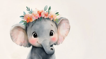 This charming illustration features an adorable baby elephant wearing a floral crown. Perfect for children's rooms and playful decor, it radiates joy and innocence.の素材