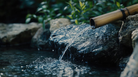 A serene scene capturing water gracefully flowing from a bamboo spout into a tranquil pond. Perfect for evoking calmness and connection with nature.の素材