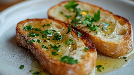 Savory toasted bread drizzled with olive oil and sprinkled with fresh herbs creates a delightful dish perfect for any meal. Enjoy this simple yet flavorful combination!の素材
