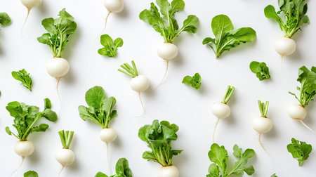 A vibrant arrangement of fresh radishes and vibrant lettuce leaves on a clean background. Ideal for healthy food concepts, culinary, and nutrition themes.の素材