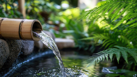 A serene scene featuring a bamboo spout gently releasing water into a calm pond surrounded by vibrant greenery and ferns, creating a peaceful atmosphere.の素材