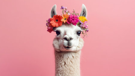 This charming alpaca, adorned with a vibrant flower crown, poses against a soft pink background, capturing the essence of joy and style in nature.の素材