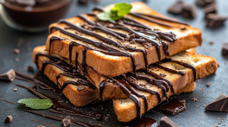 A tempting stack of toast drizzled with rich chocolate sauce and accented with fresh mint. Ideal for dessert or a sweet breakfast. Enjoy the delightful flavors!の素材