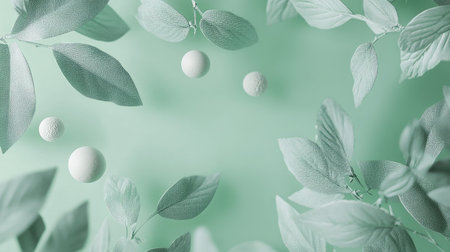 A serene arrangement of soft green leaves and white balls on a smooth pastel background. This design captures a tranquil and minimal aesthetic, perfect for various projects.の素材