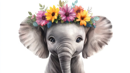 This charming illustration showcases an adorable elephant wearing a flower crown, surrounded by colorful blooms. Perfect for animal lovers and art enthusiasts!の素材