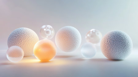 A captivating abstract arrangement of textured spheres illuminated softly, creating a serene atmosphere. Ideal for showcasing modern design and aesthetics.の素材