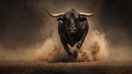 A powerful black bull charges through a dusty terrain, showcasing its strength and dominance. The dramatic light highlights its muscular form and fierce attitude.の素材