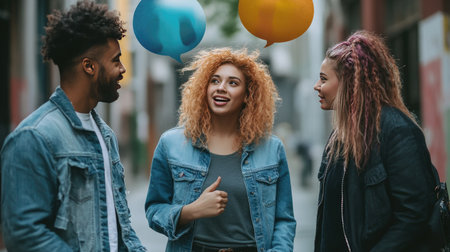 A vibrant scene of three friends engaged in a lively conversation on a city street, surrounded by colorful speech bubbles that highlight their joy and connection.の素材