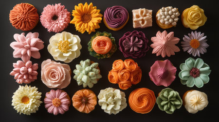 A stunning array of colorful cupcakes features intricate edible flower designs. This vibrant display showcases creativity, making it perfect for events or celebrations.の素材